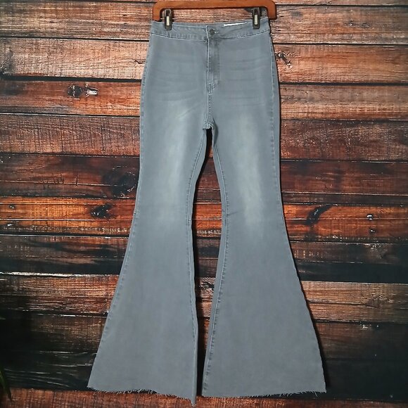 Wishlist Jeans Size L High Rise Super Flare Bell Bottom Gray Denim Stretch - Picture 2 of 9